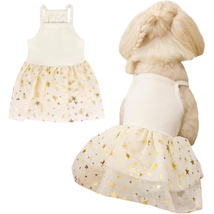 Rochie din dantela pentru caini si pisici, cu stele stralucitoare, set pentru petrecere, galben, M