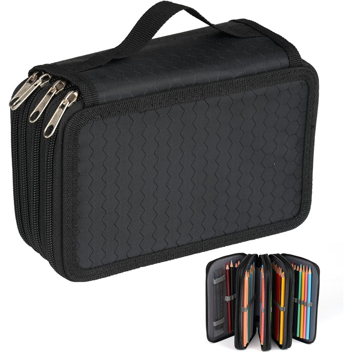 Penare mare, 72 compartimente, impermeabil, cu fermoar, maner, pentru creioane colorate, markere, pixuri, negru, 20x12.5x8.7cm