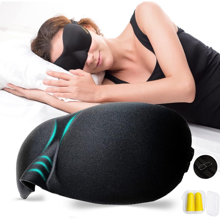 Masca de somn, design conturat, spuma cu memorie, curea ajustabila, neagra, set cu dopuri de urechi