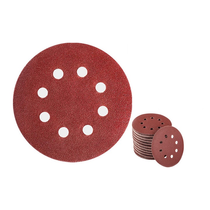 Discuri abrazive autoadezive 5-inch, set 50 bucati, 8 gauri, granulatie variata, rosu