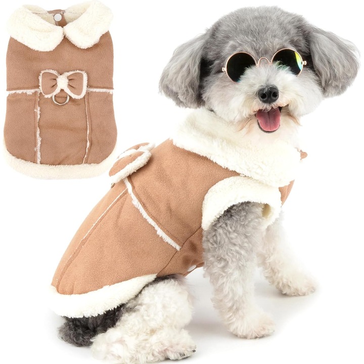 Palton pentru caini si pisici mici, cu D-ring, captusit cu lana, cu fundita, 42x30cm, multicolor