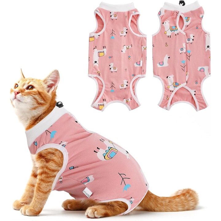 Costum de recuperare pentru pisici, roz, marimea L, din bumbac moale si respirabil, ajustabil, pentru ingrijire post-operatorie.