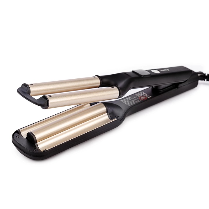 Hullámos hajformázó göndör fürtökhöz, kijelzővel, állítható lapokkal, forgatható kábellel, 200°, fekete és pezsgő