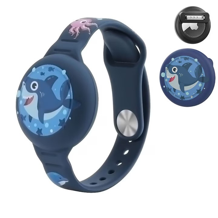 Set 2 huse pentru AirTag, 1x Curea de ceas，1x Pini din silicon，Pentru copii, Albastru inchis （Rechin-A）