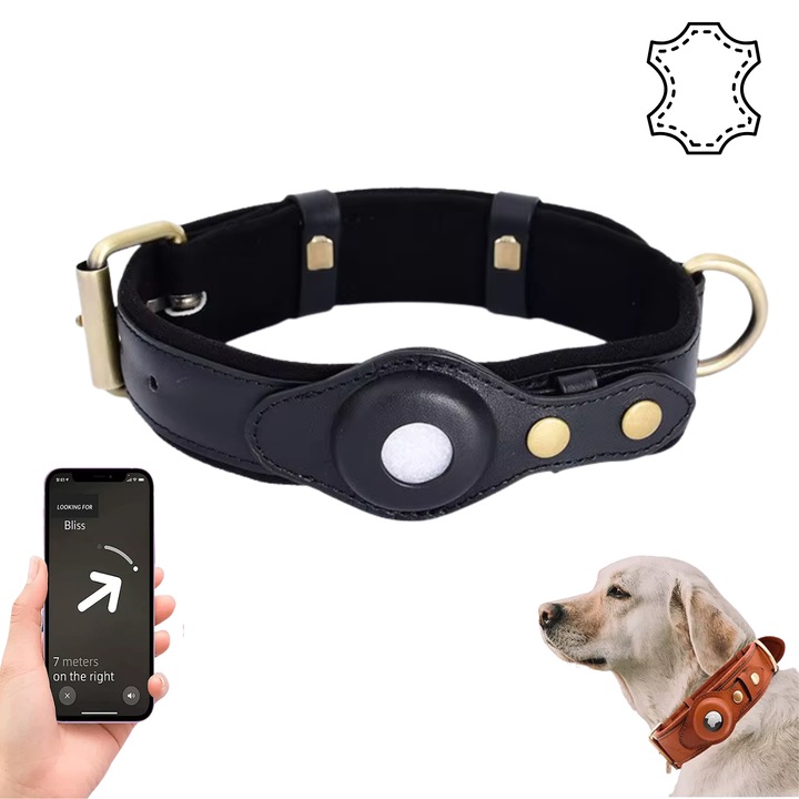 Zgarda BIZAIMO® din Piele Naturala pentru Caini, Ajustabila, Compatibila cu AirTag, 66 cm, Marimea L, Negru