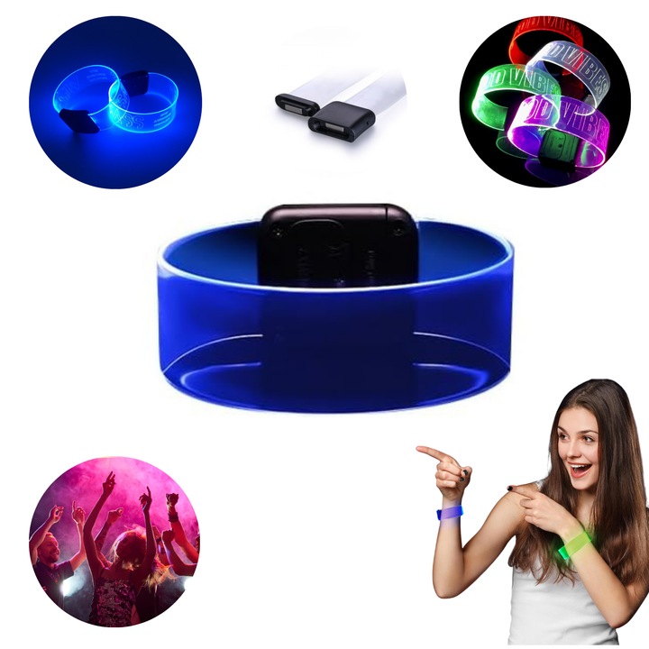 Bratara LED BIZAIMO®, Magnetica, Transparenta, 3 Moduri de Luminare, GOOD VIBES, Festival, Concert, Petrecere, Fun, Revelion, Christmas Party, Albastru