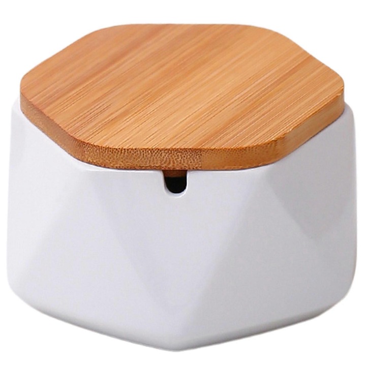 Scrumiera moderna cu capac din bambus, ceramica, design stilat, utilizare multifunctionala, alba