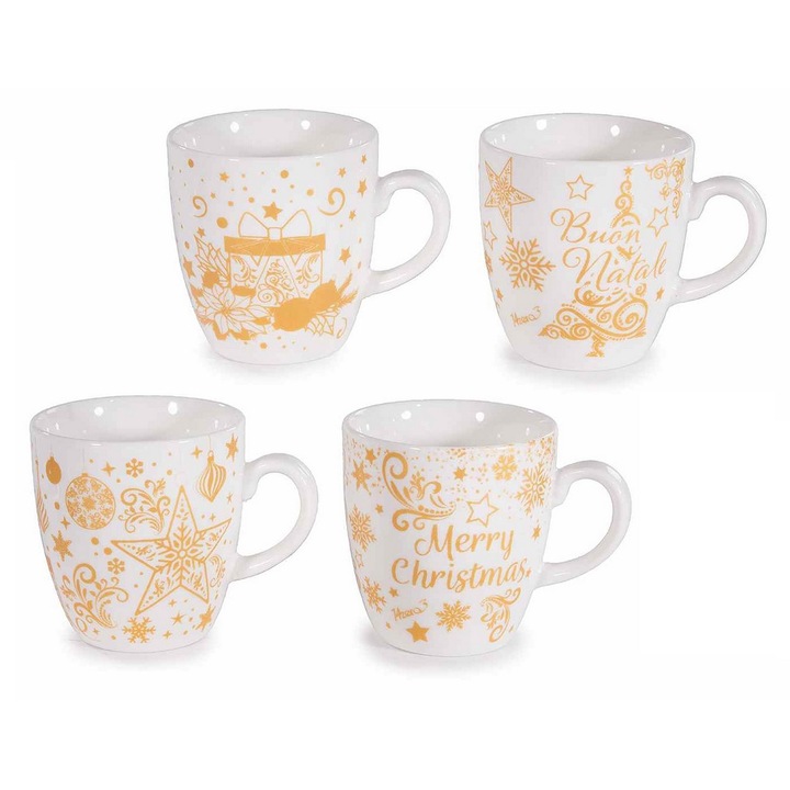 Set 4 cani Craciun portelan alb galben Ø 5,5 cm x 6 H, 70 ml