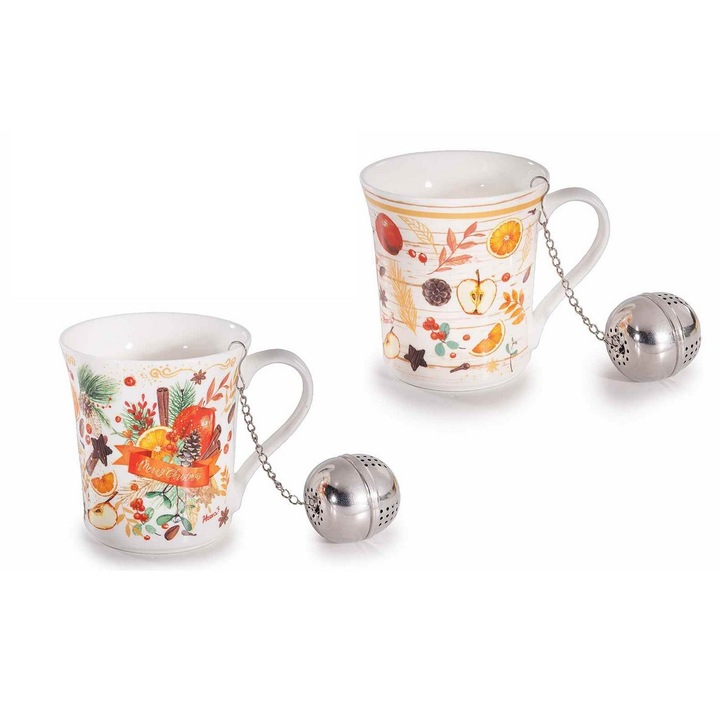 Set 4 cani, 4 infuzoare ceai Craciun portelan multicolor Ø 8,5 cm x 9 H, 250 ml