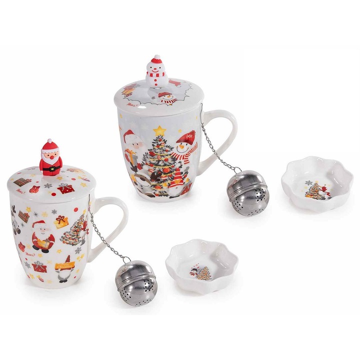Set 4 cani, 4 infuzoare ceai, 4 farfurioare Craciun portelan multicolor Ø 8,5 cm x 10,5 H, 350 ml