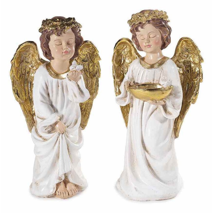 2 db angyal figura készlet, polirezin, fehér arany színű, 16 x 13 x 31 cm M
