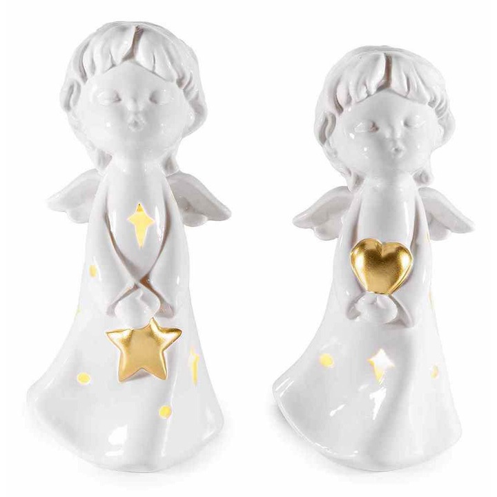 2 db fehér-arany porcelán angyal figura szett LED-del, 11,5 x 10 x 24 cm