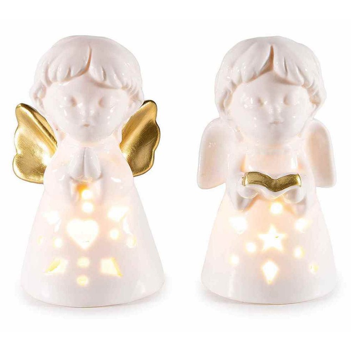 2 angyal figura készlet, fehér-arany porcelán, LED-del, 5,5 x 5 x 10 cm H