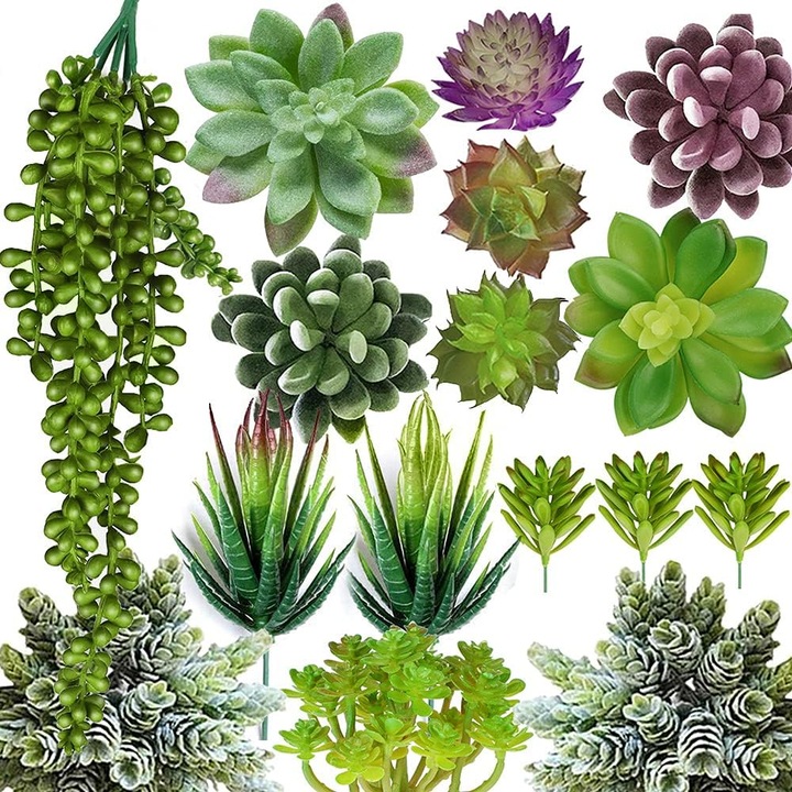 Set de 16 plante artificiale suculente, decoratiuni florale realiste pentru acasa, birou si gradina