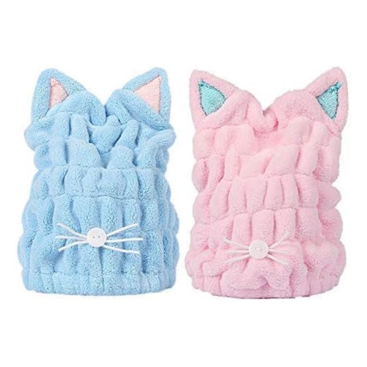 Set de 2 prosoape din microfibra super absorbante, cu design pisica, roz si albastru, pentru uscare rapida a parului