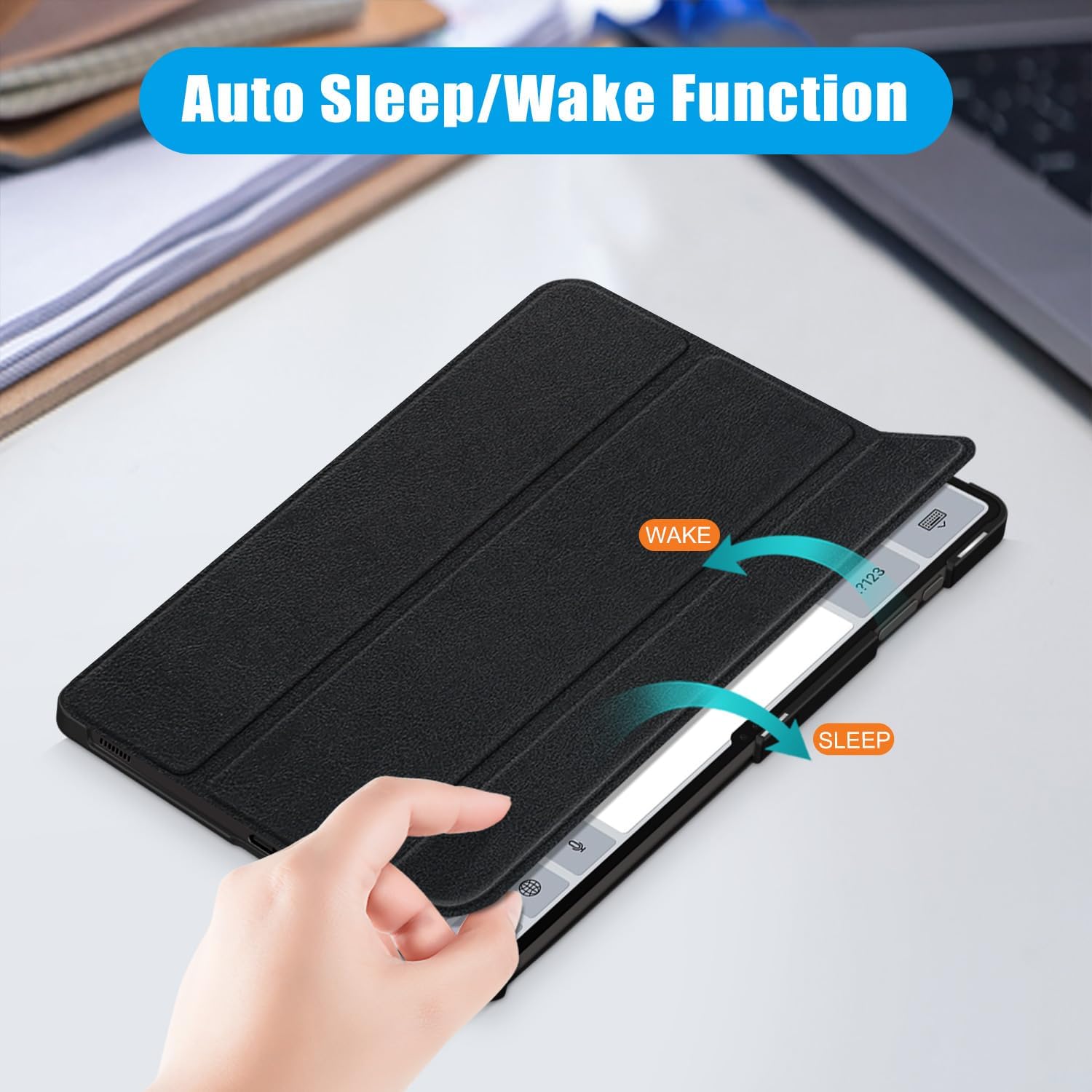 Husa premium Sigloo pentru Samsung Galaxy Tab S10 Ultra, S9 Ultra, S8 Ultra, 14.6", interior de piele sintetica, cu suport Smart Pen, Negru