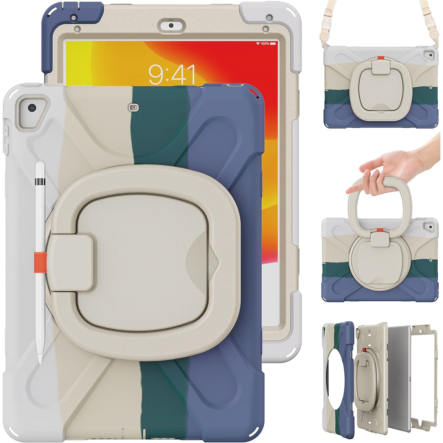 Husa pentru iPad Air 10.9" (Gen. 5/4) si iPad Pro 11" (Gen. 1–4), Carcasa rezistenta 3-in-1, Suport 360°, Curea mana, Verde multicolor