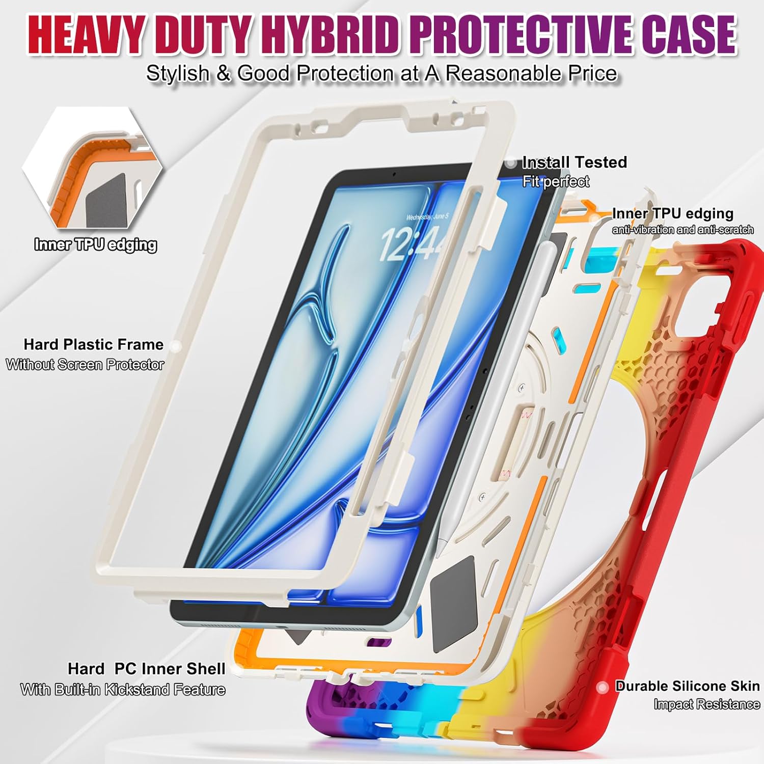 Husa reziztenta pentru iPad Air 10.9" (Gen. 5/4) si iPad Pro 11" (Gen. 1–4), Carcasa rezistenta 3-in-1, Stand, Curea mana, Rosu colorat