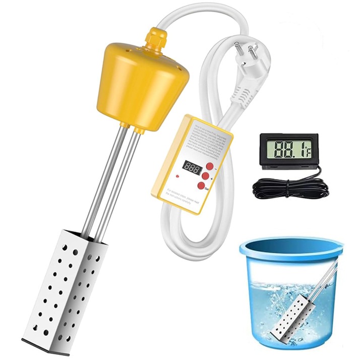 Merülő vízmelegítő, 2500W, 304 rozsdamentes acél védelem, sárga, 5 gallon