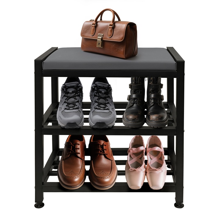 Малко столче за смяна на обувки, 3-слойна PU кожена поставка за обувки, стабилна поставка за сортиране на обувки с опора от въглеродна стомана, входен коридор, всекидневна, баня (черно)