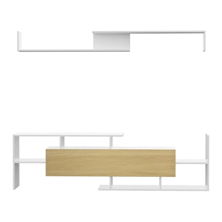 TV szekrény, modern stílus, nagy tárolóhely, lebegő polcok, tartó 153,6×25×42 cm és polc 150×14,5×16,3 cm, fehér és fa (egyéb)