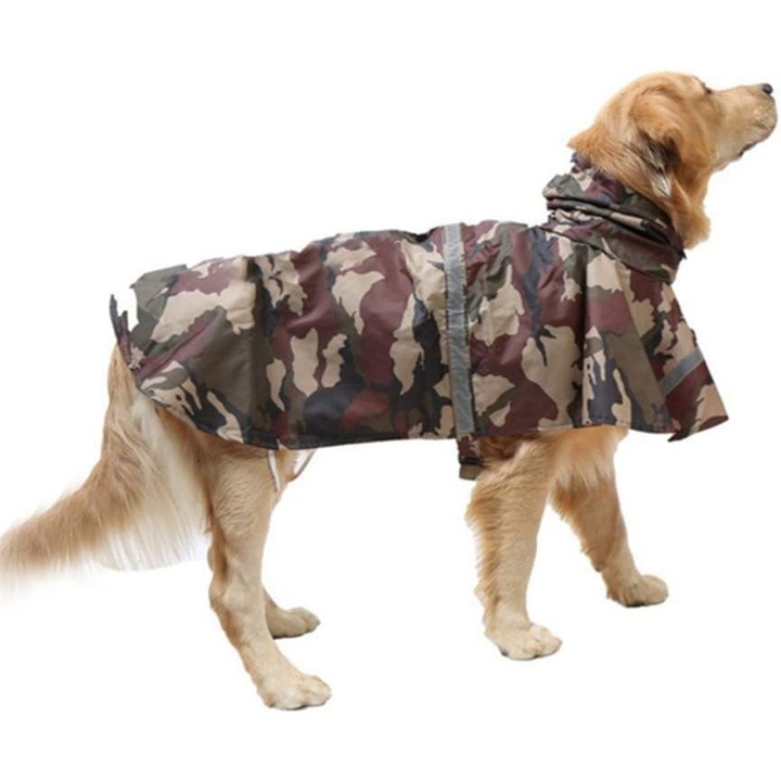 Pelerina de ploaie pentru caini cu gluga, camuflaj maro si gri, M, 40-45x52-59x33-37cm, set reflectorizant