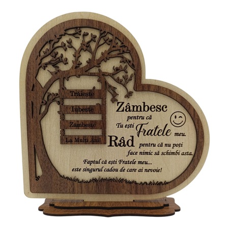Decorațiune din lemn în formă de inimă, mesaj personalizabil, 20 cm