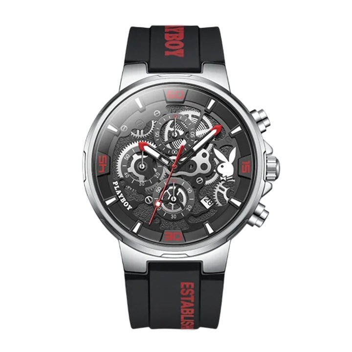 Мъжки часовник Playboy 3052 Черно-червен – Луксозен дизайн, Множество функции, Светещ дисплей, Водоустойчив 3ATM