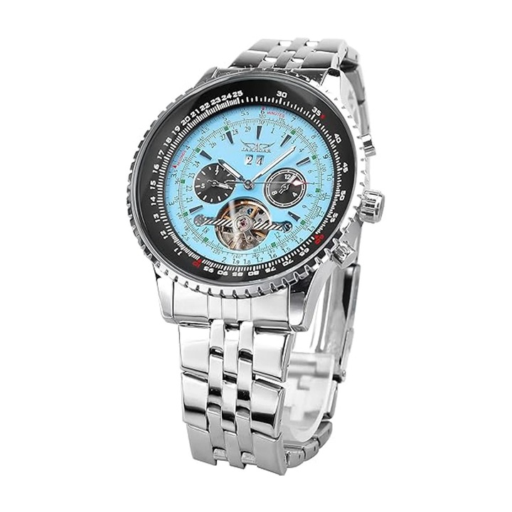 Ceas Barbati Jaragar 034 Argintiu Mecanic – Design Luxury, Functii Multiple, Afisaj Saptamanal, Rezistent la Apa 3ATM