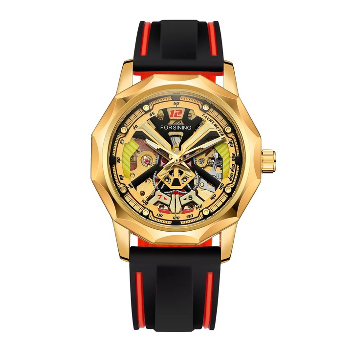 Ceas Barbati Forsining 8284 Negru-Auriu Mecanic – Design Luxury, Functii Multiple, Rezistent la Apa 3ATM