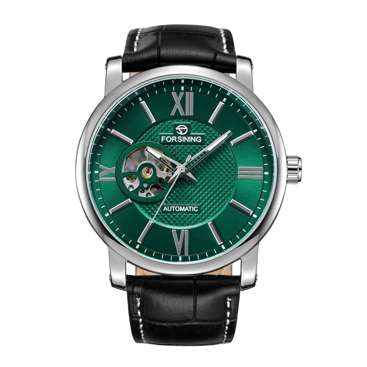 Férfi Karóra, Forsining 8296, Ezüst-zöld mechanikus, Luxus dizájn, Több funkció, Vízálló 3ATM