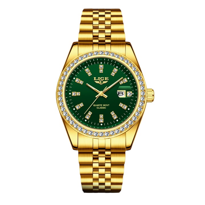 Мъжки часовник Lige 89183 Златисто-зелен – Бизнес дизайн, Множество функции, Светещ дисплей, Водоустойчив 3ATM