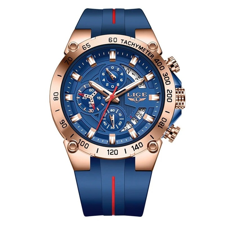 Мъжки часовник Lige 89202, Моден дизайн, Множество функции, Светещ дисплей, Водоустойчив 3ATM, Rose Gold/Blue