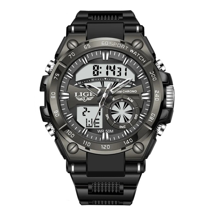 Мъжки часовник Lige 8971 Черен – Военен дизайн, Множество функции, Хронограф, Водоустойчив 5ATM