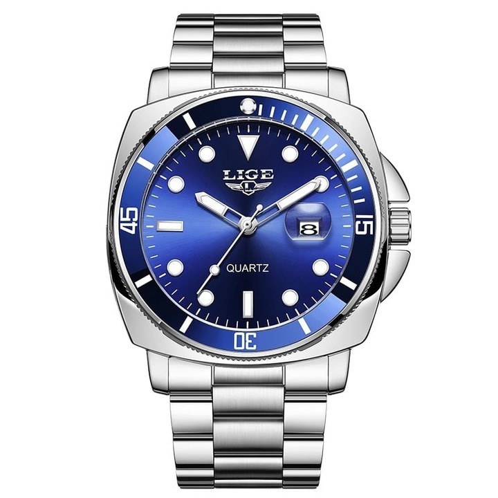 Часовник за мъже Lige 89155 Сребристо-син – Бизнес дизайн, Множество функции, Удароустойчив, Водоустойчив 3ATM