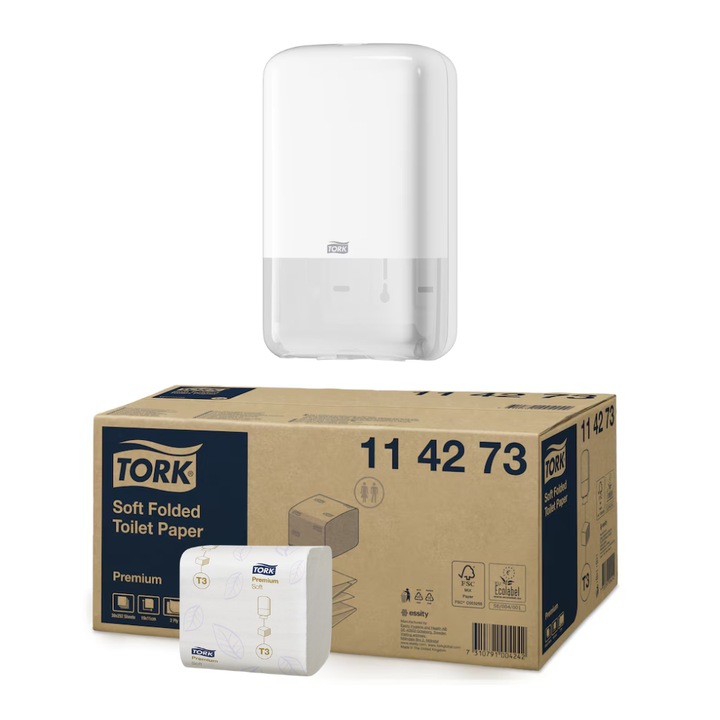 Pachet dispenser hartie igienica pliata + hartie igienica, Tork, Premium Soft Bulk, alba, T3, 252 buc/pachet, 30 pachete/bax - 556000/114273