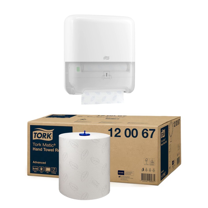 Pachet Dispenser prosoape pentru maini + Prosoape pentru maini, Tork, Matic® Advanced, rola, H1, alb, 2 straturi, 150m/rola (6 role/bax) - 551000/120067