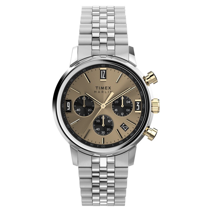 Ceas barbatesc Timex Marlin, Quartz, 40mm, bratara din otel inoxidabil, rezistent la apa 50m, cadran maro