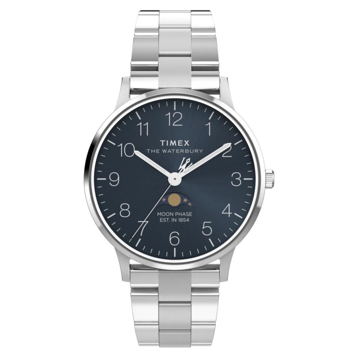 Ceas barbatesc Timex Waterbury Classic Moon Phase, bratara din otel inoxidabil, cadran albastru, 40mm, rezistent la apa 50m