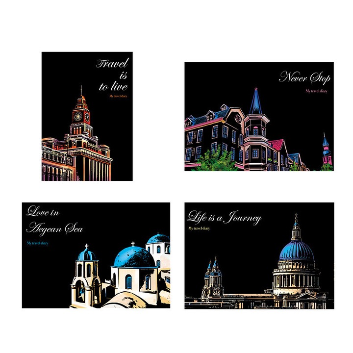 Hartie de Desen Scratch A4 Peisaj Urban Noapte Multicolor, Arta Creativa cu Efect Stralucire, Hobby Manualitate Relaxant pentru Copii si Adulti