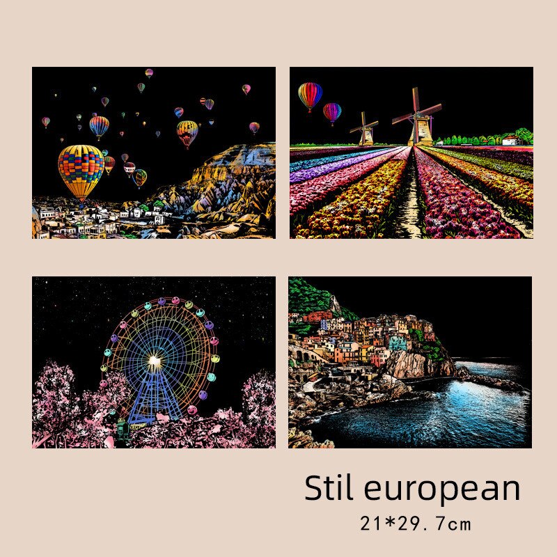Set Carte de Arta Scratch A4, 4 Foi cu Vederi Nocturne Europene, Fara ...