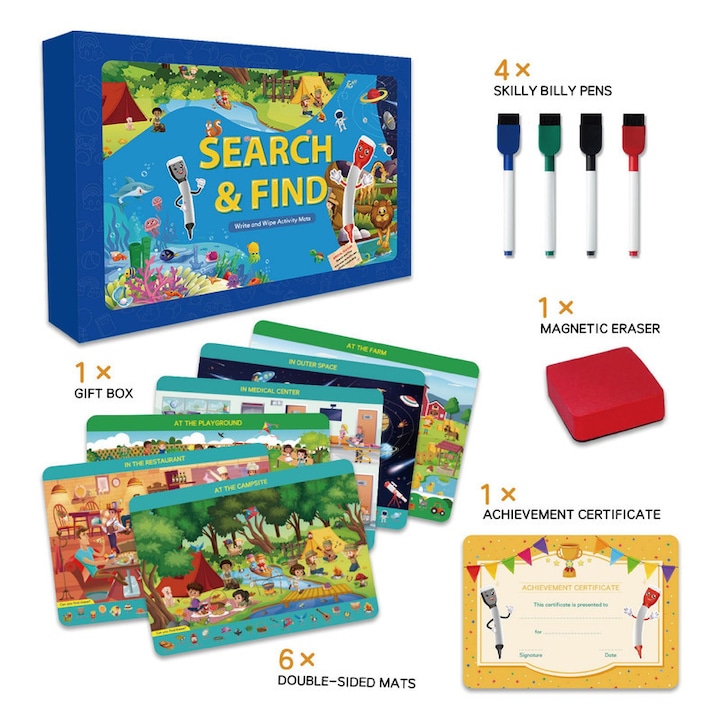 Covor de Activitate Educativ Reutilizabil pentru Copii 3-6 Ani, Scene Vii Search & Find, 410mm, Set Complet cu Penne si Stergator Magnetic