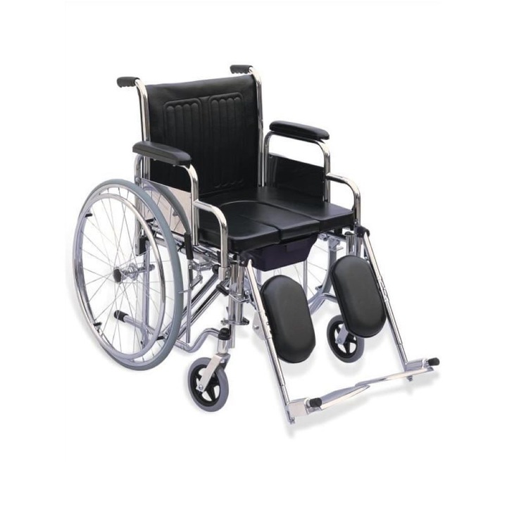 Scaun cu rotile si vas de toaleta detasabil, pliabil, cotiere fixe, 120 kg, negru