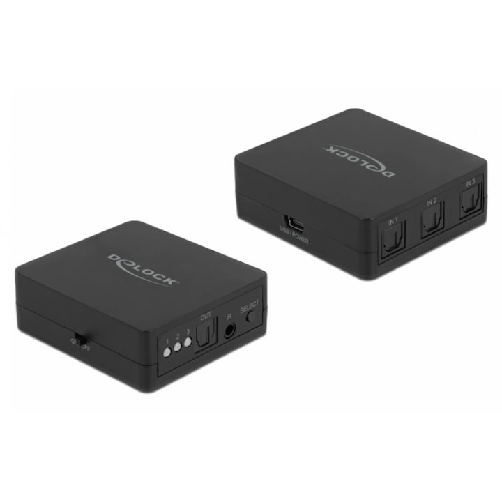 Switch S/PDIF Toslink 3 porturi cu telecomanda si alimentare USB, Delock 63395