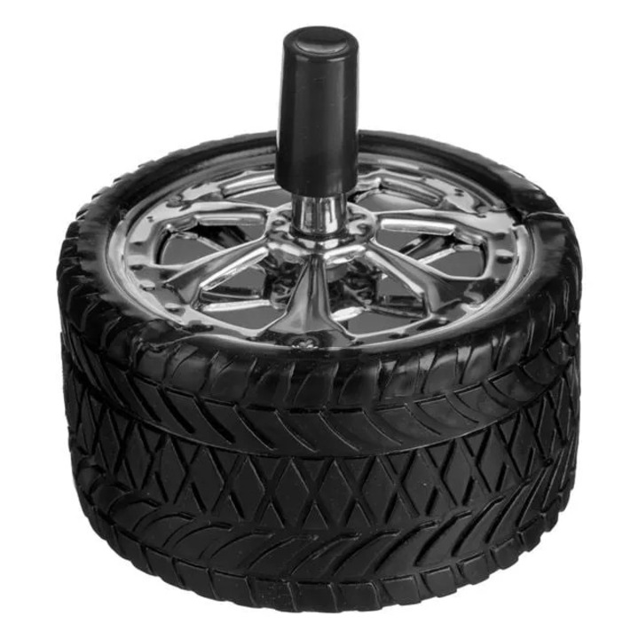 Scrumiera Metalica Anti Vant, Model Roata, Neagru Argintiu, Ø9.5x10cm