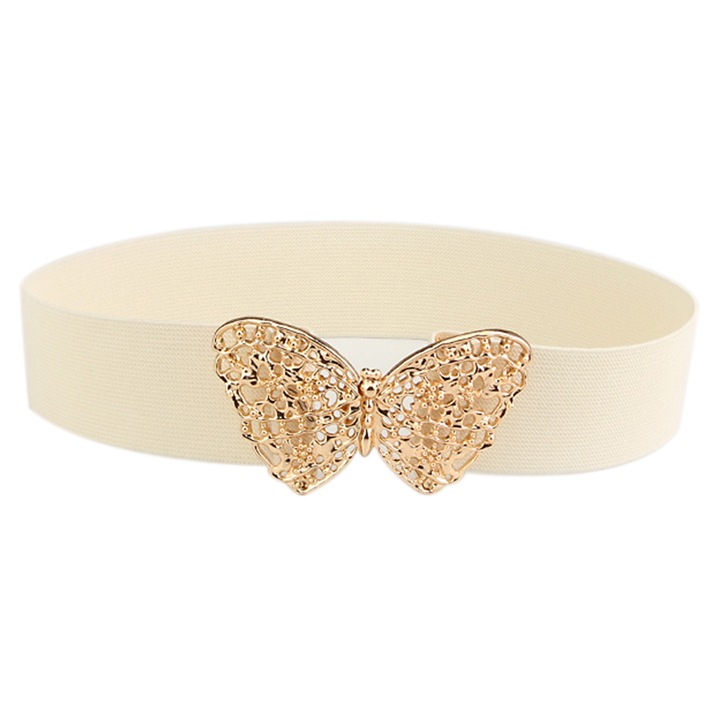 Curea dama TRADERPLUS, catarama fluture, elastica, bej, 67x5cm