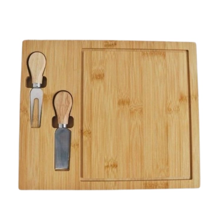 Set tocator brânzeturi Blusmart, 29x29x1.5 cm, cuțit şi furcă, lemn de bambus