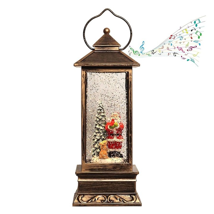 Felinar muzical de Craciun, LED, cu efecte sonore si luminoase, Alimentare USB/Baterii, Efect Antichizat, Design Mos Craciun si Bradut, 32 CM, Negru/Auriu