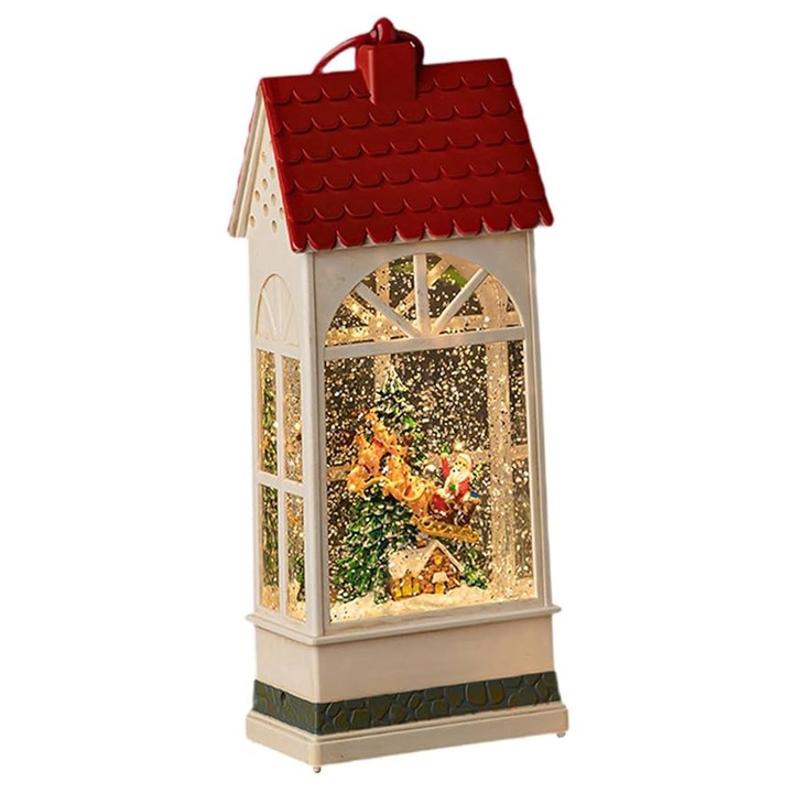 Felinar muzical de Craciun, LED, cu efecte sonore si luminoase, Alimentare USB/Baterii, Design Casuta si Mos Craciun, 28 CM, Alb