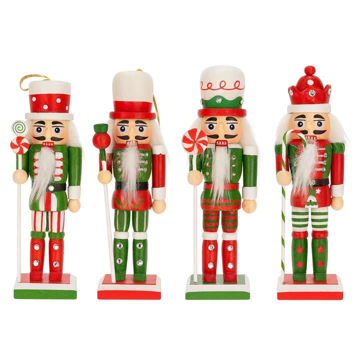 Set 4 decoratiuni de Craciun, Spargatorul de nuci, Nutcrakers, pentru brad, Lemn, 13 cm, Verde/Rosu